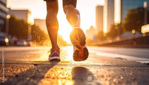 Runner's Perspective Embracing the Morning Sun on City Streets - Firefly