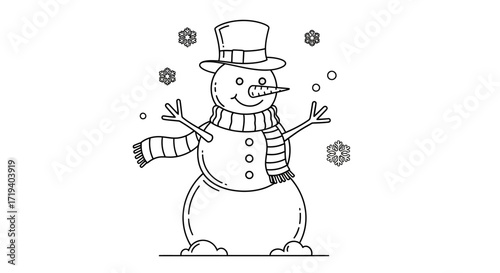 Charming hand drawn snowman illustration with snowflakes for winter holiday season themed designs