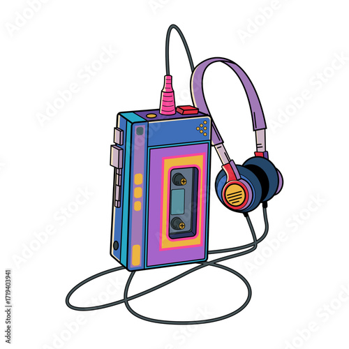 Retro Walkman Vector Illustration — Vintage Portable Cassette Player with Headphones Clipart