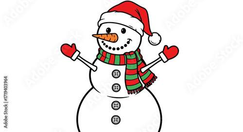 Festive snowman illustration adorned with a santa hat scarf and cheerful smile  for winter holidays