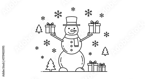 Festive snowman outline illustration with gifts and snowflakes for holiday designs