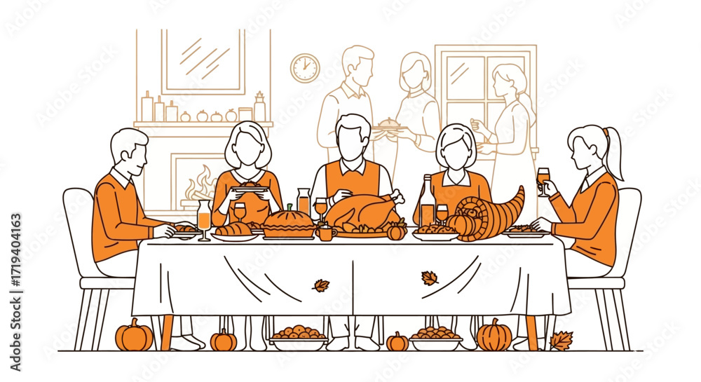 Fototapeta premium Illustration depicting family gathering for thanksgiving dinner, festive celebration and autumn