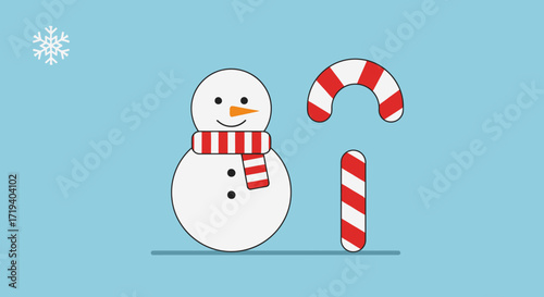 Minimalist winter themed illustration featuring a snowman and candy canes on light blue