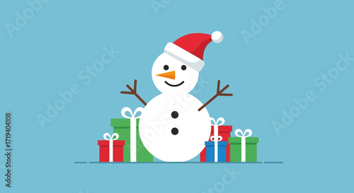 Festive snowman illustration with christmas gifts on a blue background for the holiday season