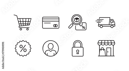 Collection of e commerce and shopping icons in a distinctive silhouette style