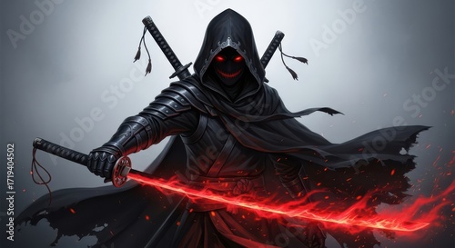 Dark Warrior Wielding Fiery Blade and Swords