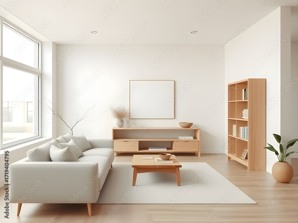 Fototapeta premium Bright Minimalist Interior with Sofa and Wooden Furniture in a Spacious Room
