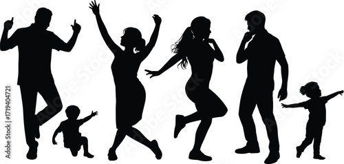Expressive human silhouette icons, dancing and playful poses, black and white design, adult and child figures, celebration gesture vector, dynamic movement illustration set