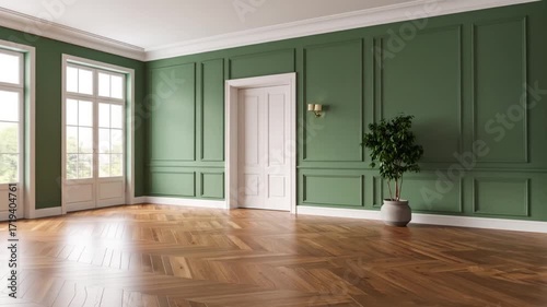 Elegant Empty Room with Olive Green Walls Herringbone Wood Floor White Trim Large Windows and a Potted Plant Providing Natural Light Optimized for Adobe Stock
