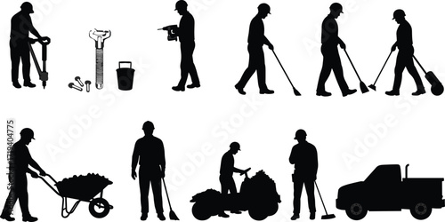 Silhouettes of construction workers with jackhammer, wheelbarrow, power drill, hand tools, and truck – vector of building labor scenes.