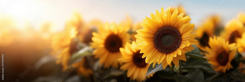 Fototapeta premium Vibrant sunflower field in bloom under warm sunlight