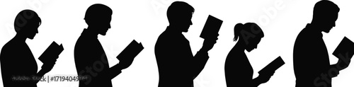 Reading silhouette icons, education and literacy symbols, black and white design, book holding figures, learning posture vector, knowledge illustration set, study concept graphic