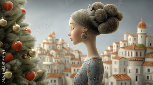 Surreal woman with sculptural spiral hair updo standing by decorated christmas tree overlooking mediterranean village.
