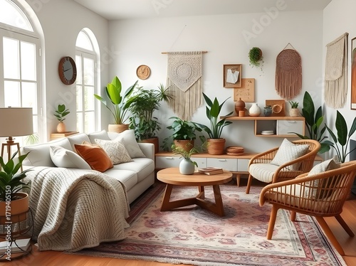 Serene Interior with White Sofa, Wood Accents and Plants Decoration Home