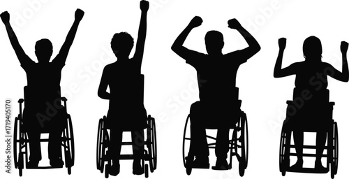 Wheelchair user silhouette icons, disability empowerment graphic, celebratory pose set, black and white design, inclusive vector illustration, triumph gesture symbols, mobility concept art