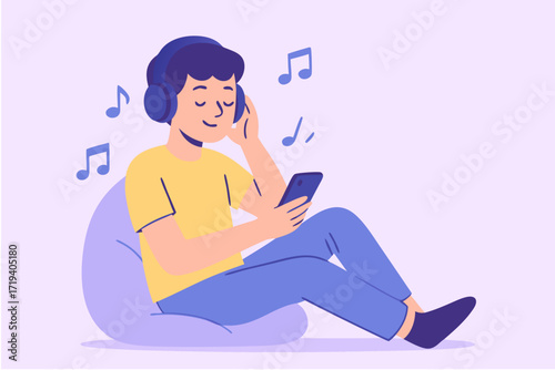 Relaxed Man Listening to Music on His Phone with Headphones Vector Graphic