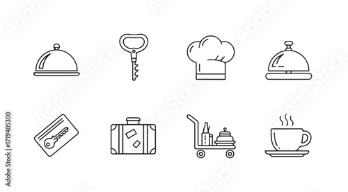 Collection of hotel service icons in a simple line drawing silhouette
