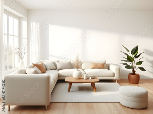 Minimalist Interior Neutral Tones Corner Sofa with Coffee Table Arrangement