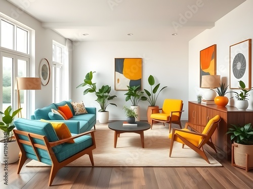 Bright and Airy Modern Interior Living Room with Mid-Century Furniture
