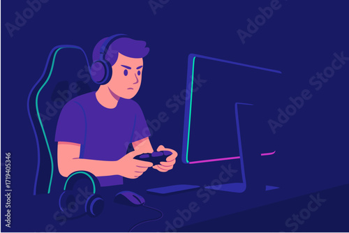 Young man with headphones intensely playing video games on a computer screen
