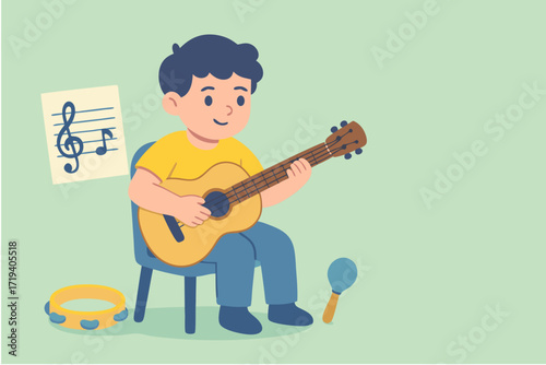 Young Boy Playing Guitar with Musical Notes, Tambourine, and Maracas