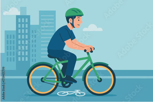 Young man in a helmet riding a bicycle through the city streets on a sunny day