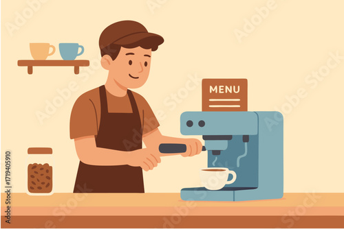Friendly barista making a specialty coffee drink in a modern coffee shop illustration