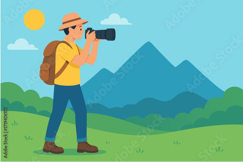 Young male traveler and photographer with a backpack capturing a beautiful mountain landscape during an adventure