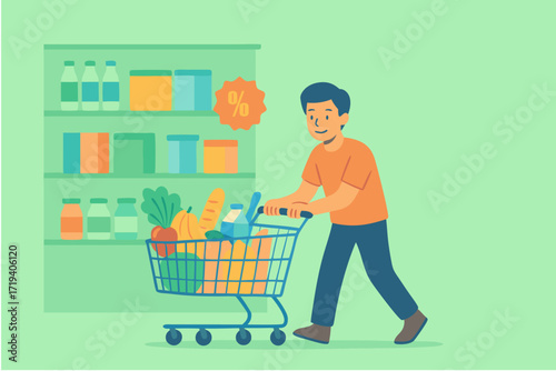 Grocery Shopping Man Pushing Cart Filled with Groceries