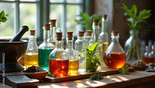 A fusion of nature and science. Botanical extracts, rustic lab tools, and herbal chemistry set against warm wooden textures. Great for natural science, herbal medicine, and organic design themes.
