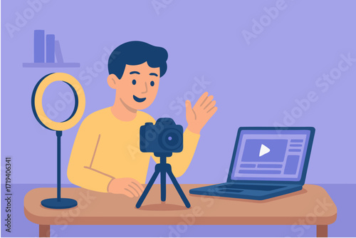 Young Man Creating Online Content, Recording Video with Camera and Ring Light for Social Media Platform