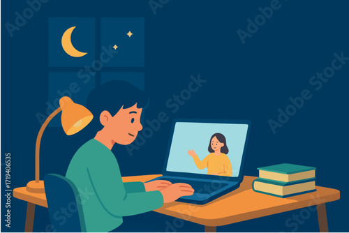 A young student participating in a virtual classroom session at night from his desk at home
