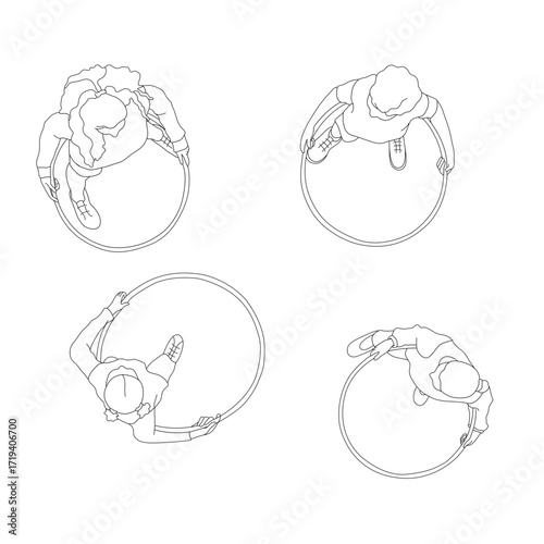 Vector overhead view kids playing hula hoop, CAD illustration set