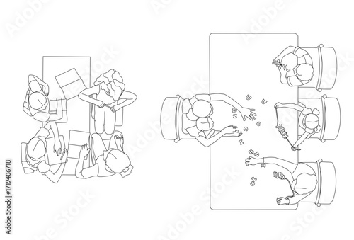 Vector overhead view school class with teacher and kids studying, educational CAD blocks set