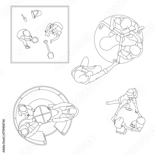 Vector top view kids on playground, swing, slide and roundabout, CAD illustration set