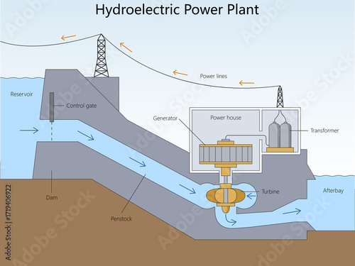 Photos hydroelectric power plant showing reservoir, dam, penstock, turbine, generator, transformer, power lines, and electricity flow diagram hand drawn schematic raster