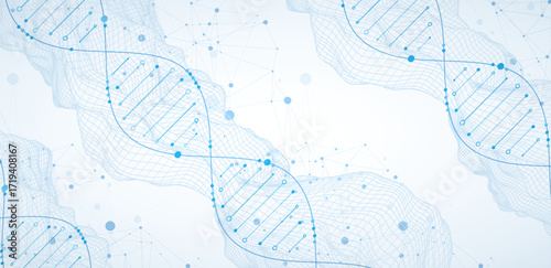 Abstract image of DNA molecule on wireframe wave. Scientific vector background.