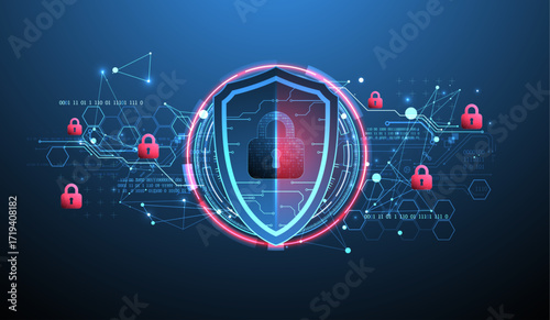 Abstract technological background on the topic of information protection. Various technological elements with padlocks inside which is a digital code.