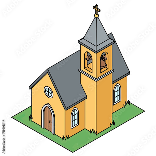 Charming cartoon church illustration, perfect for religious education materials, community outreach designs, and faith-based event promotions