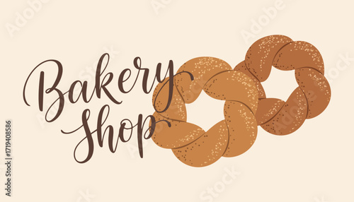 Bakery shop lettering with freshly baked braided buns. For shop signs, logos, promotions.