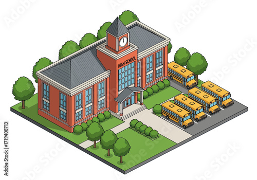 Charming isometric school building with school buses, vibrant educational setting, perfect for learning resources, presentations, and school projects of all kinds