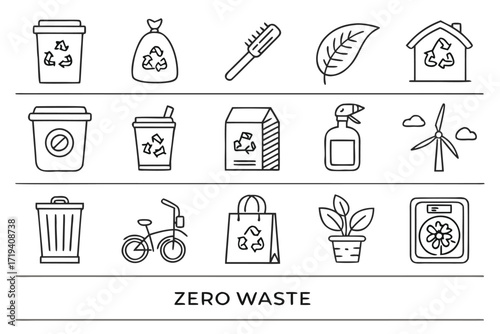 Eco-Conscious Lifestyle Icon Set: A collection of minimalist line drawings illustrates sustainable practices for a greener world, including zero waste and eco-friendly living concepts. 