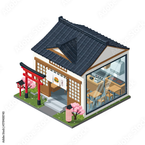 Charming Japanese restaurant with traditional torii gate and cherry blossoms, inviting ambiance evokes travel dreams and culinary adventure for customers