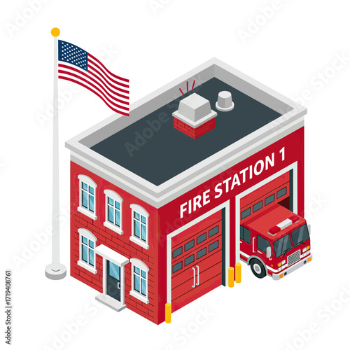 Isometric fire station with American flag waving, representing community safety and emergency response in a vector design ideal for civic projects