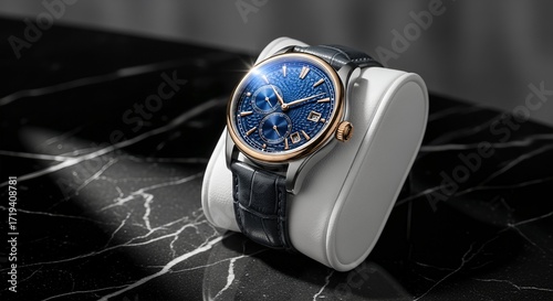 Luxury Blue Dial Watch with Leather Strap on White Stand