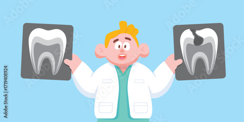 Cartoon tooth - Cartoon tooth - X-ray with doctor compare good and bad condition illustration vector design. Dental care concept.