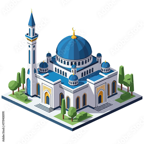 Stunning isometric mosque illustration with blue dome and intricate details, perfect for architectural visualization or travel promotion designs