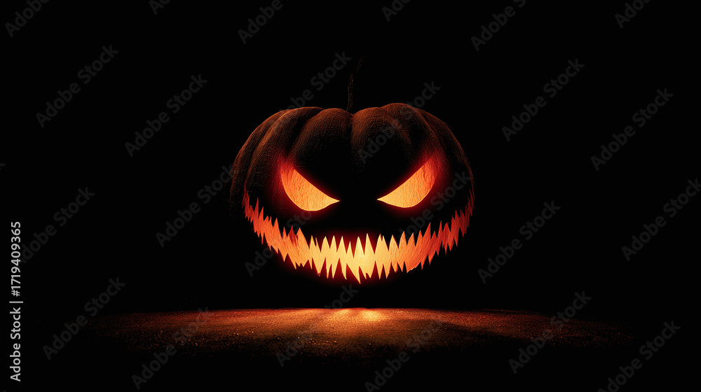 Fototapeta premium Creepy glowing pumpkin with sinister carved face isolated on transparent background 
