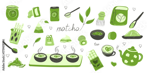 Matcha tea set in flat design, hand drawn vector isolated on white background. Perfect for cafe design, packaging, menu, stickers and patterns.