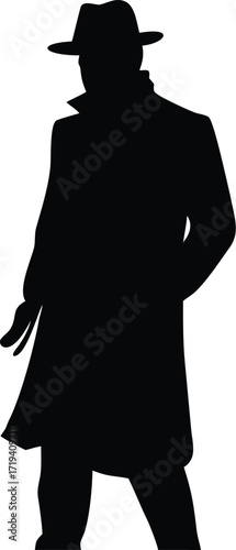 Silhouette of a man in a trench coat and fedora hat